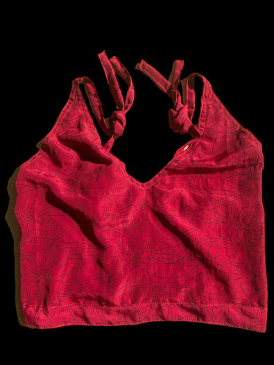 Pretty RED SILK Crop Top sexy Boho Hippy Festival summer sun vest UK 8 10 12