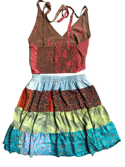 Crop Top & Mini Skirt Festival outfit Boho Hippy Sari Silk summer vest One Size