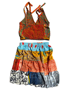 Crop Top & Mini Skirt Festival outfit Boho Hippy Sari Silk summer vest One Size