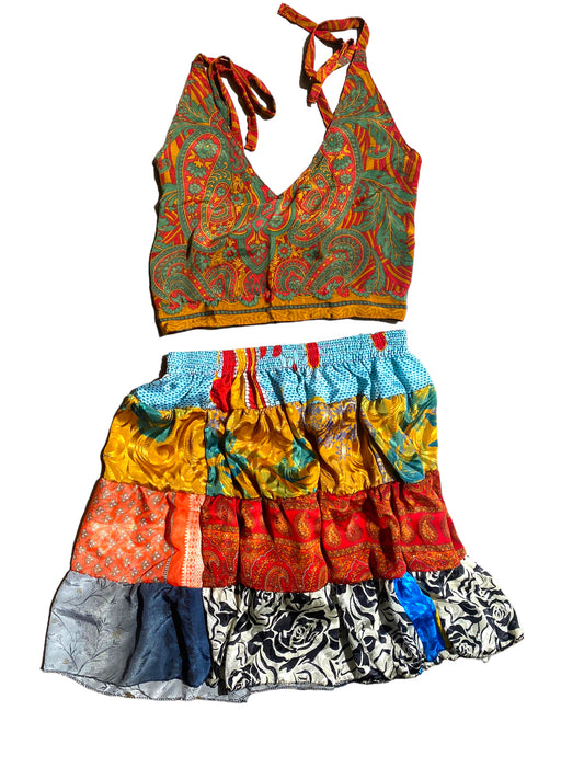 Crop Top & Mini Skirt Festival outfit Boho Hippy Sari Silk summer vest One Size