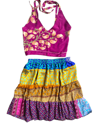 Crop Top & Mini Skirt Festival outfit Boho Hippy Sari Silk summer vest One Size