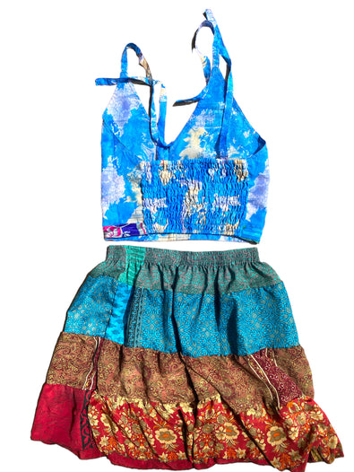 Crop Top & Mini Skirt Festival outfit Boho Hippy Sari Silk summer vest One Size