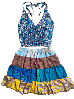 Crop Top & Mini Skirt Festival outfit Boho Hippy Sari Silk summer vest One Size