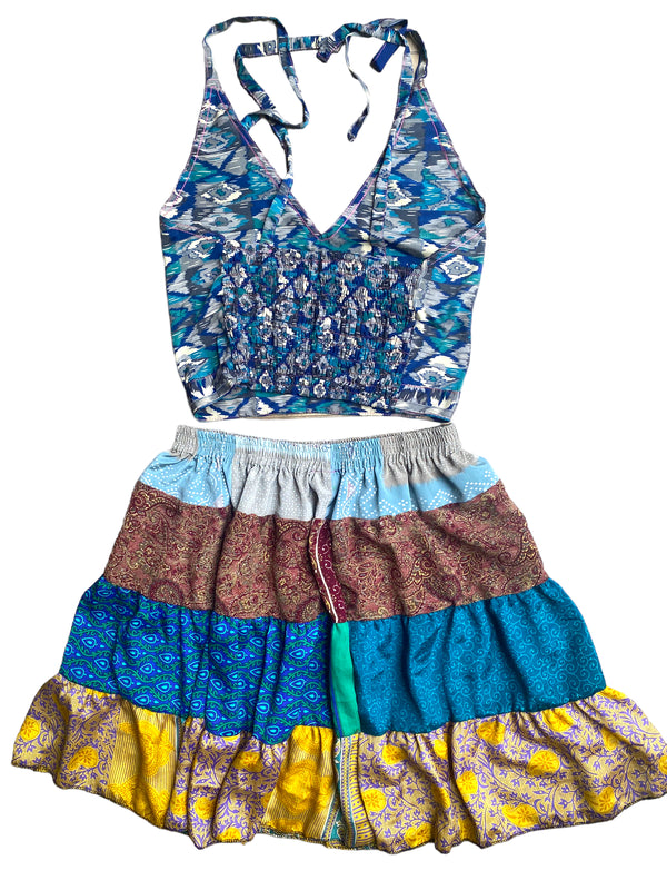 Crop Top & Mini Skirt Festival outfit Boho Hippy Sari Silk summer vest One Size