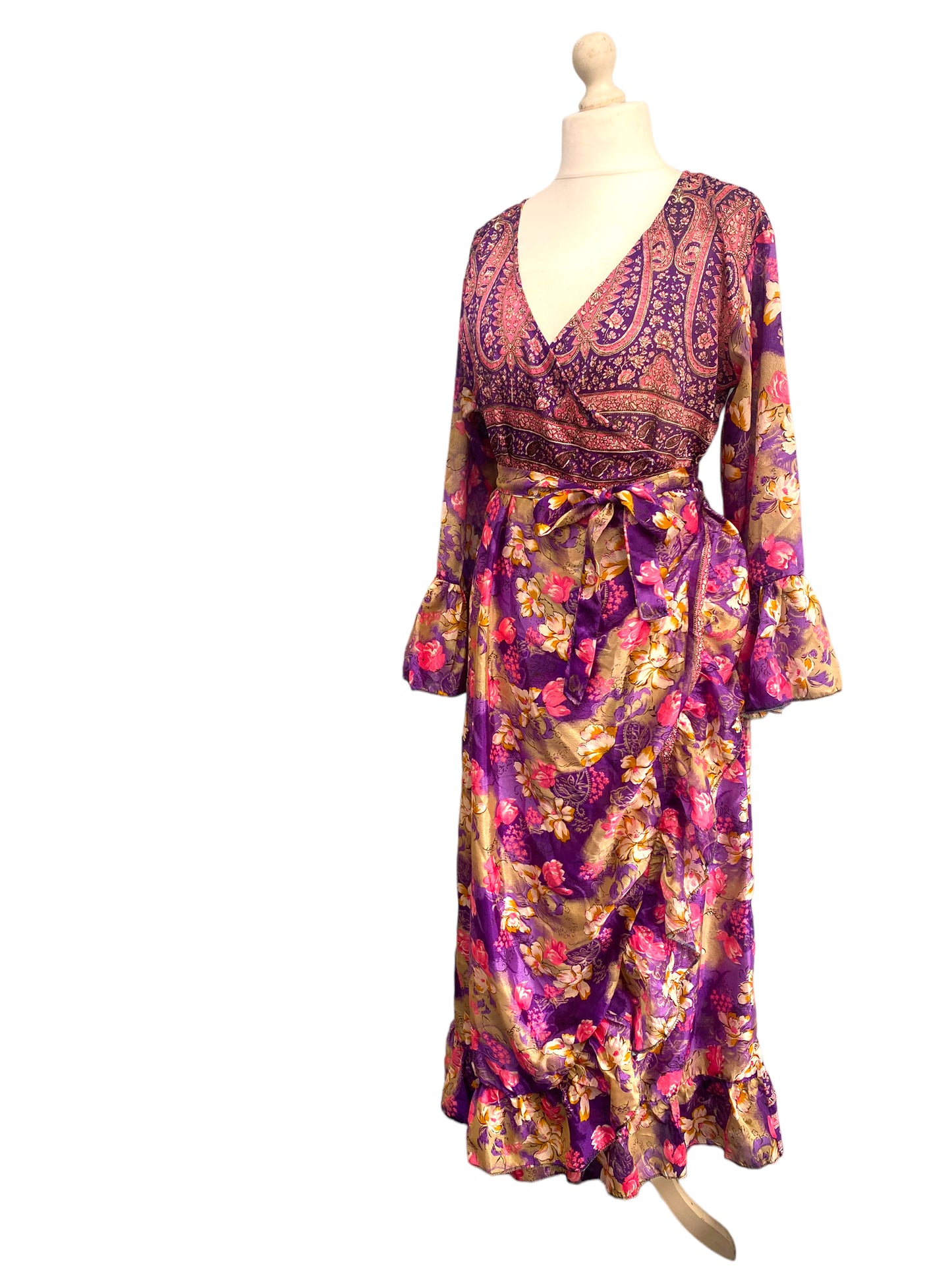 WRAP DRESS summer Vintage Flounced Sleeve Sari SILK Boho Hippy Festival UK 14-20