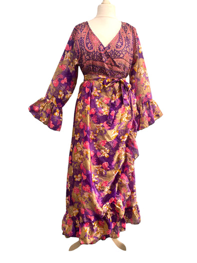 WRAP DRESS summer Vintage Flounced Sleeve Sari SILK Boho Hippy Festival UK 14-20