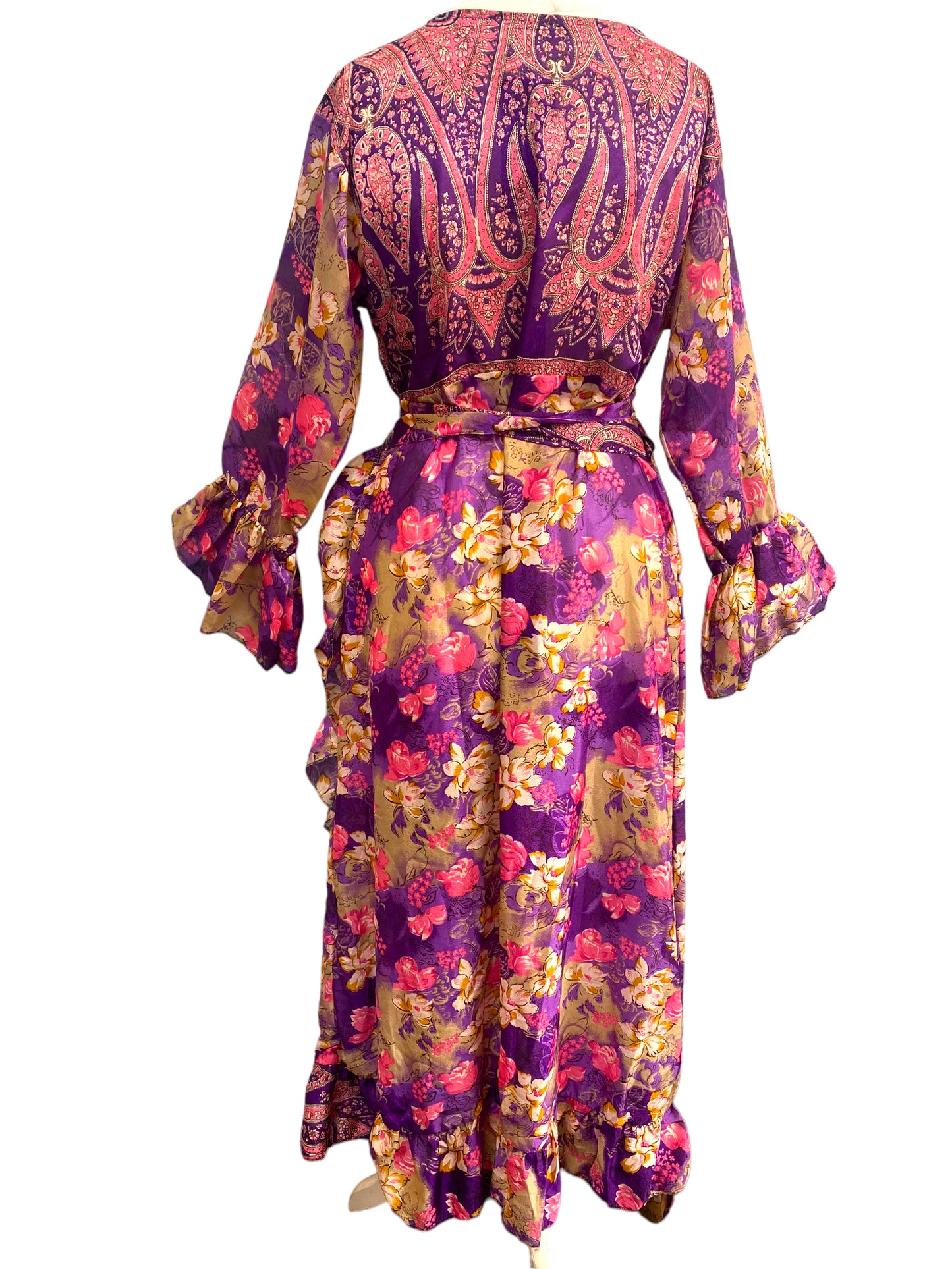 WRAP DRESS summer Vintage Flounced Sleeve Sari SILK Boho Hippy Festival UK 14-20