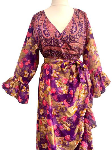 WRAP DRESS summer Vintage Flounced Sleeve Sari SILK Boho Hippy Festival UK 14-20