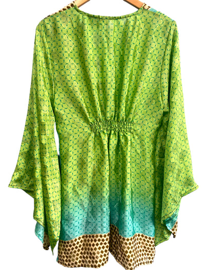 Kaftan tunic top blouse beach cover up short dress UK 12-18 recycled Sari Silk