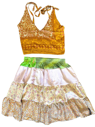 Crop Top & Mini Skirt Festival outfit Boho Hippy Sari Silk summer vest One Size