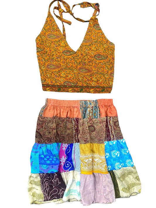 Crop Top & Mini Skirt Festival outfit Boho Hippy Sari Silk summer vest One Size