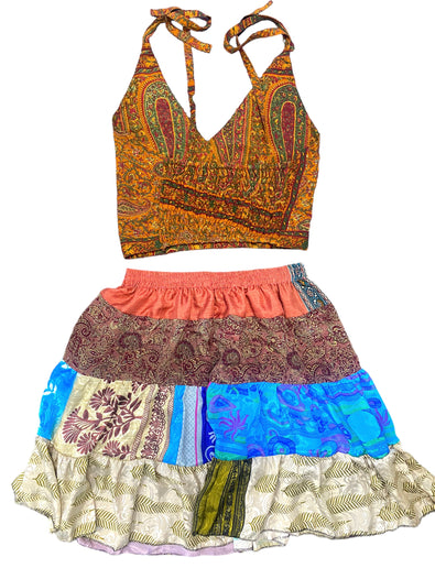 Crop Top & Mini Skirt Festival outfit Boho Hippy Sari Silk summer vest One Size