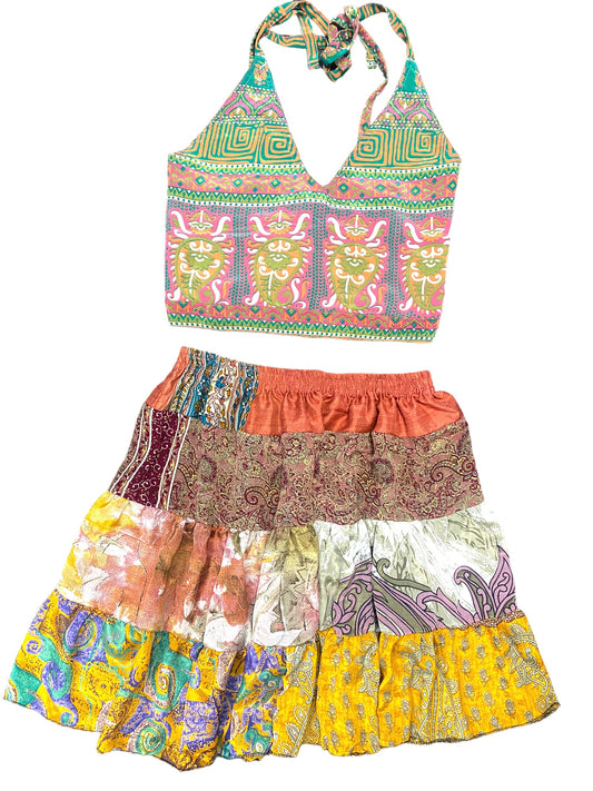 Crop Top & Mini Skirt Festival outfit Boho Hippy Sari Silk summer vest One Size