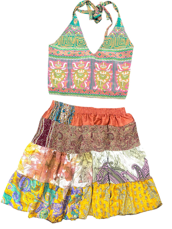 Crop Top & Mini Skirt Festival outfit Boho Hippy Sari Silk summer vest One Size