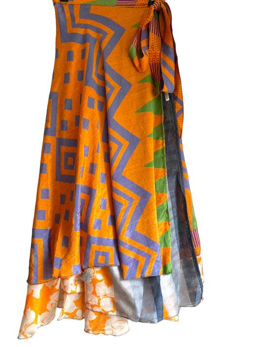 Orange Wrap Skirt Vintage long Maxi Boho Hippy Sari Silk Festival summer UK 8-18