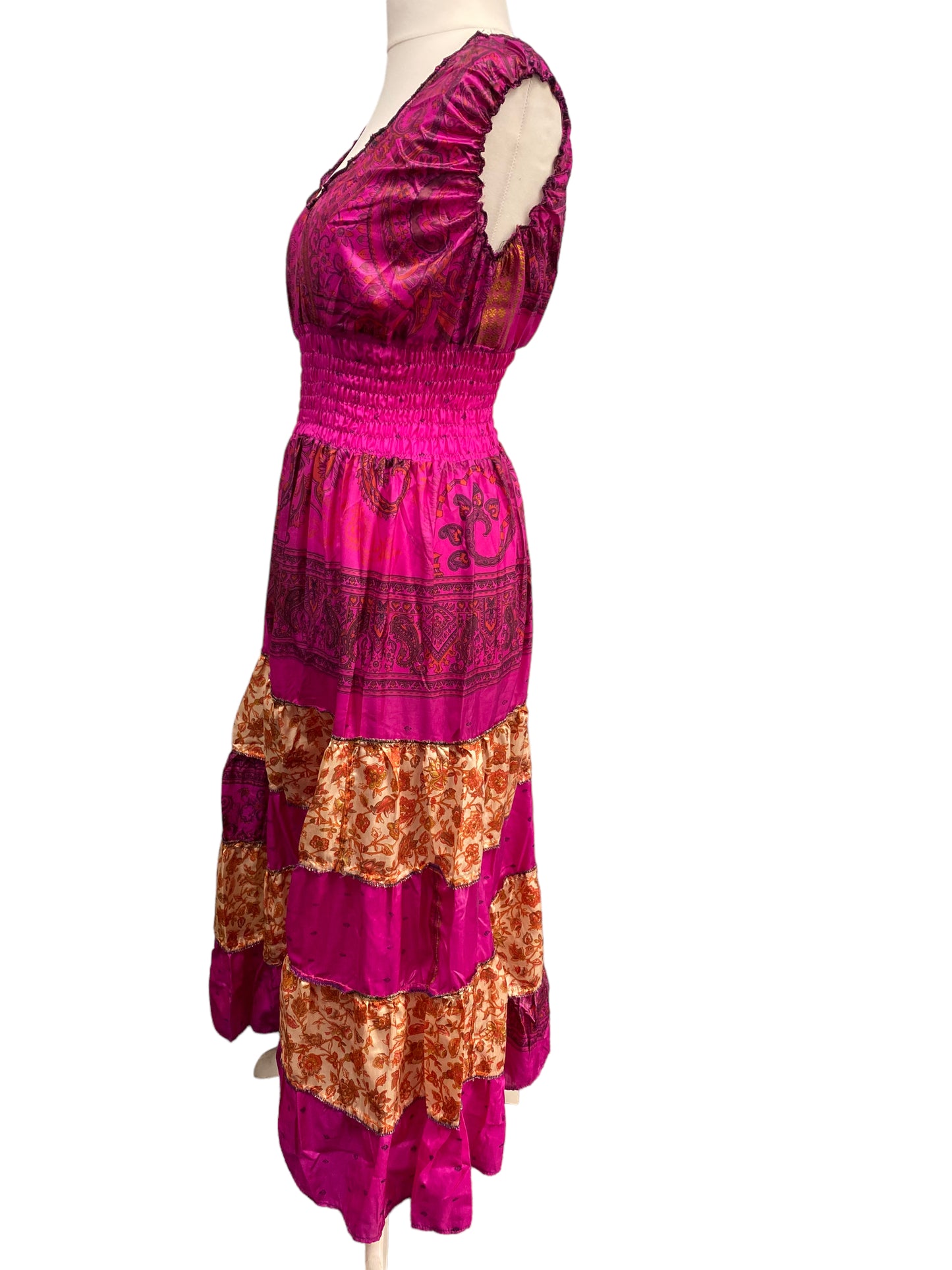 Long Summer Dress recycled Sari-Silk Boho Hippy Festival party outfit UK 8-12