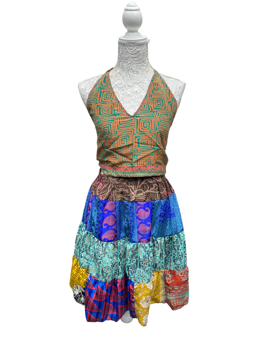 Crop Top & Mini Skirt Festival outfit Boho Hippy Sari Silk summer vest One Size