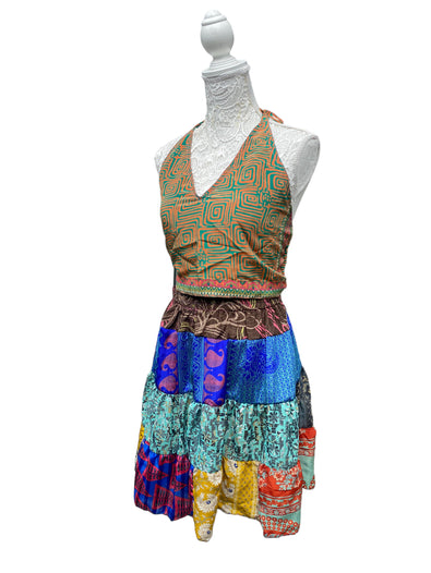 Crop Top & Mini Skirt Festival outfit Boho Hippy Sari Silk summer vest One Size