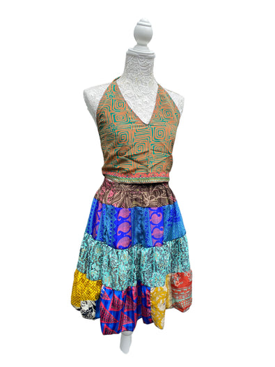 Crop Top & Mini Skirt Festival outfit Boho Hippy Sari Silk summer vest One Size