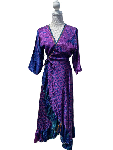 Festival Stall LTD Boho festival Clothing Long Wrap Dress 60s 70s Revival Boho hippy Festival maxi Sari - Silk UK 8 - 14