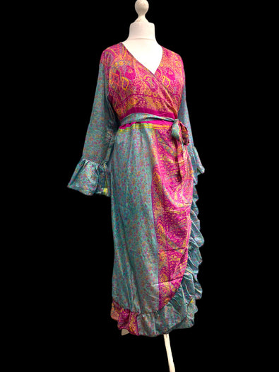 WRAP DRESS summer Vintage Flounced Sleeve Sari SILK Boho Hippy Festival UK 14-20