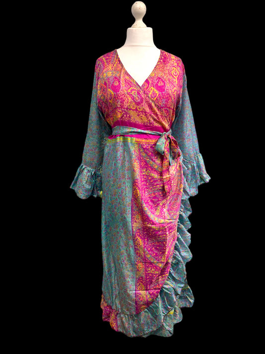 WRAP DRESS summer Vintage Flounced Sleeve Sari SILK Boho Hippy Festival UK 14-20