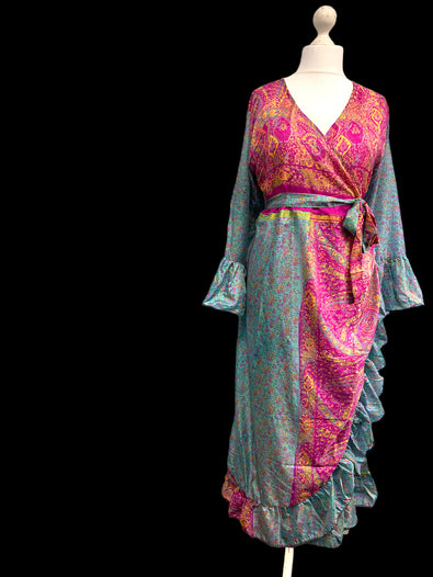 WRAP DRESS summer Vintage Flounced Sleeve Sari SILK Boho Hippy Festival UK 14-20