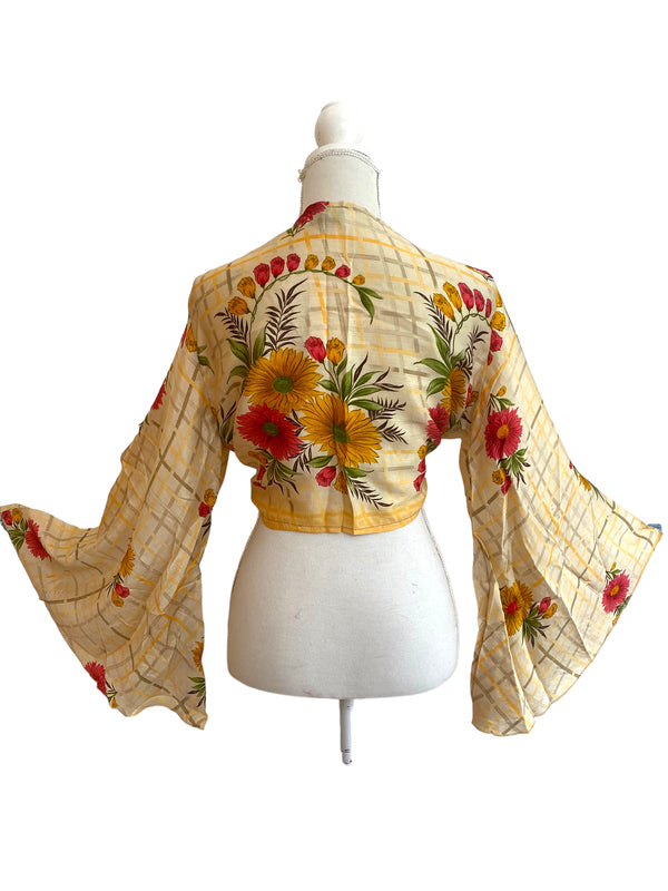 Bell Sleeve Crop Top blouse Boho Hippy Festival retro Sari Silk summer UK 8-16