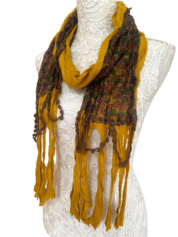 Funky Saffron mustard yellow wrap SCARF, Boho hippy goth pixie fairy tassel, in Dual fabric, long floral print, soft warm, pretty gift idea