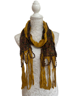 Funky Saffron mustard yellow wrap SCARF, Boho hippy goth pixie fairy tassel, in Dual fabric, long floral print, soft warm, pretty gift idea