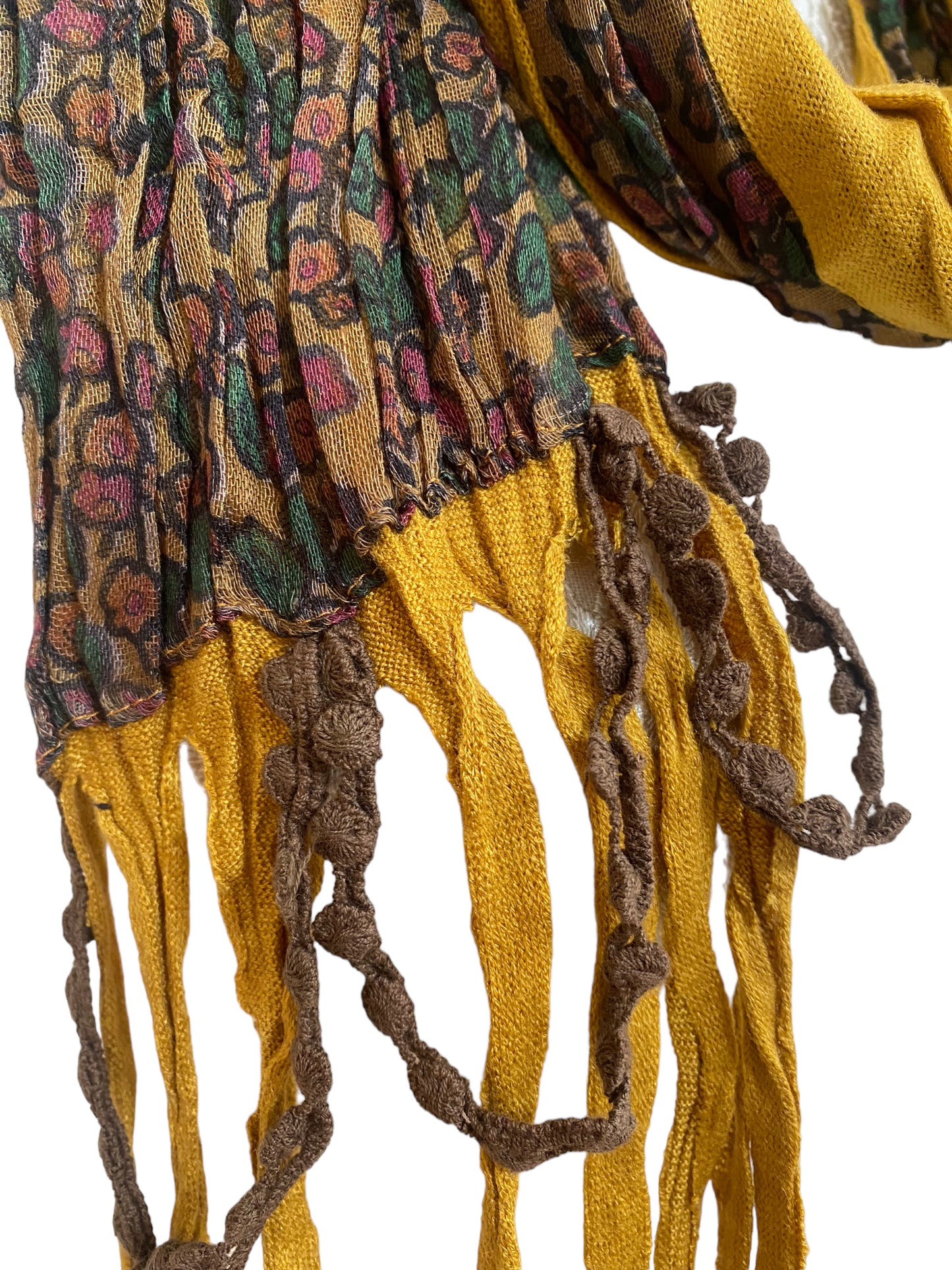 Funky Saffron mustard yellow wrap SCARF, Boho hippy goth pixie fairy tassel, in Dual fabric, long floral print, soft warm, pretty gift idea