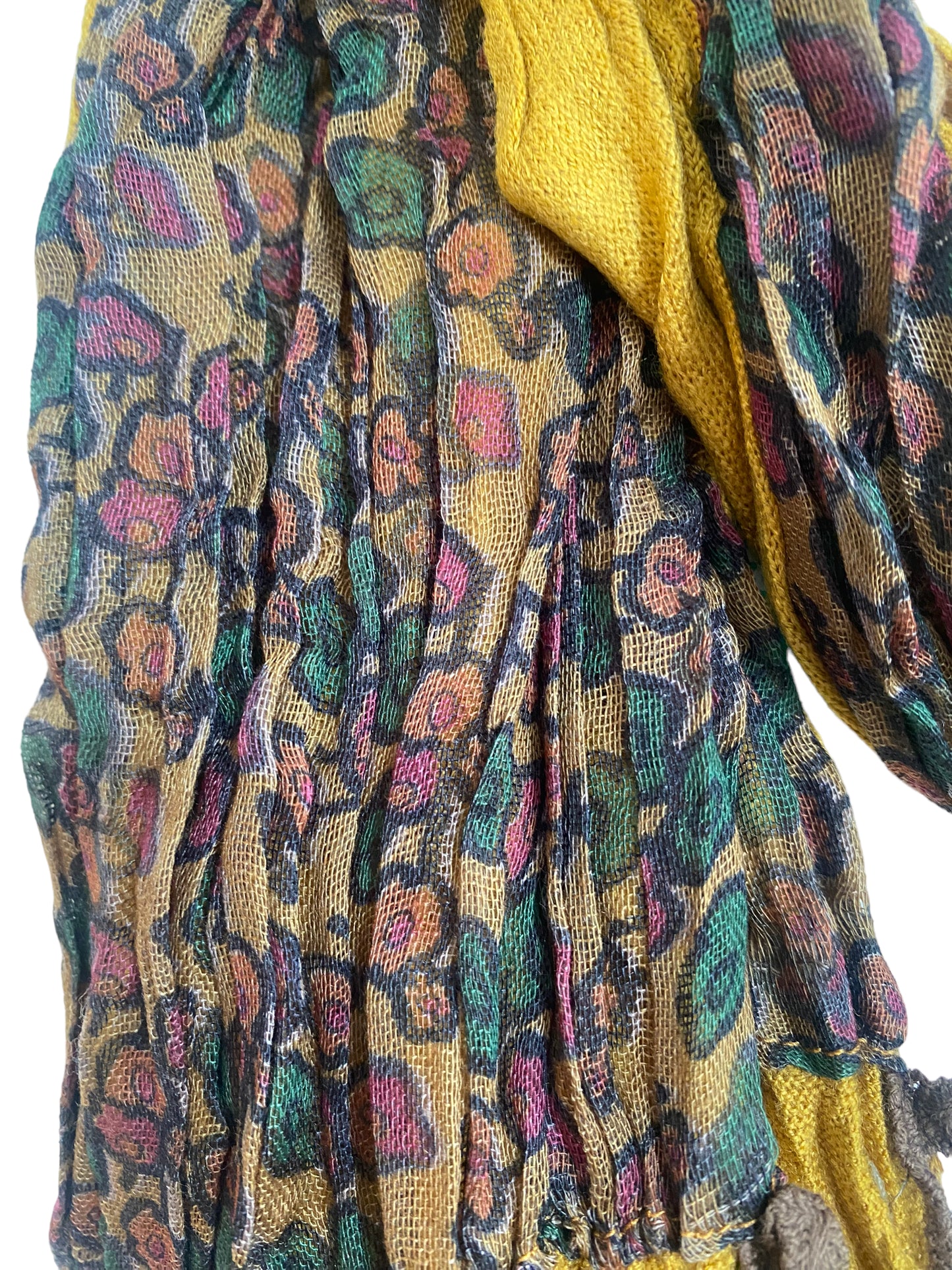 Funky Saffron mustard yellow wrap SCARF, Boho hippy goth pixie fairy tassel, in Dual fabric, long floral print, soft warm, pretty gift idea