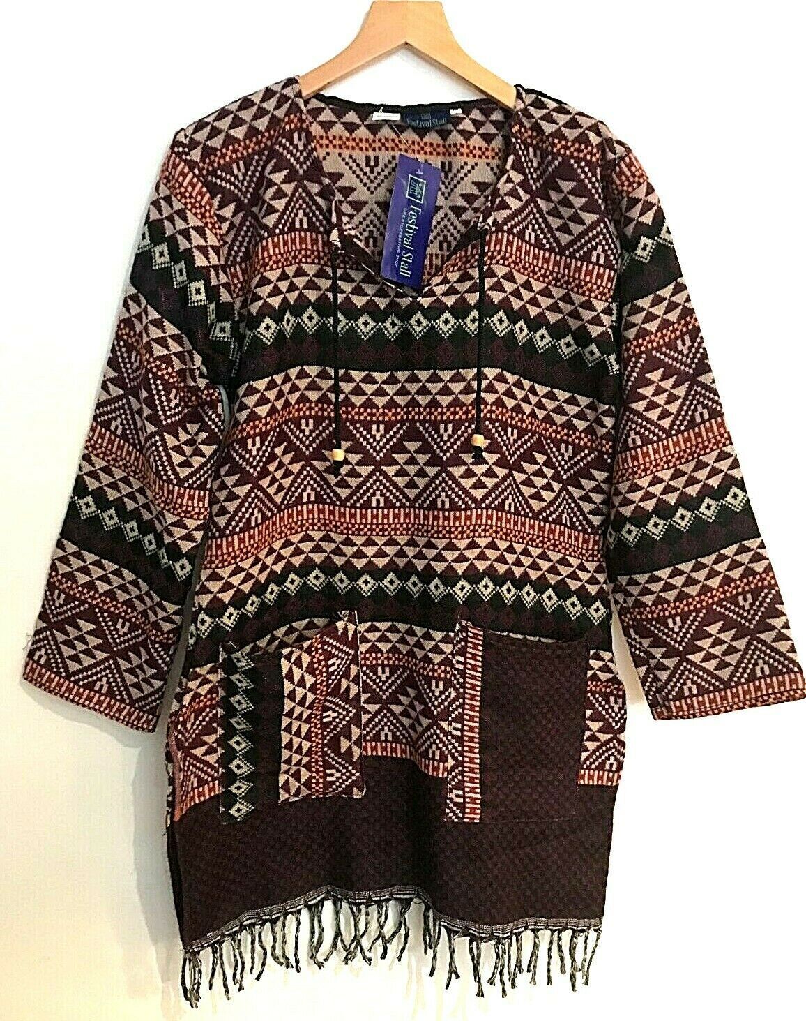 Festival Stall LTD Boho festival Clothing TUNIC BURGUNDY BOHO JUMPER PULLOVER SWEATER winter warm tassel Top UK 8 - 14