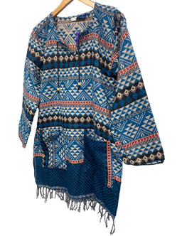 TUNIC Boho hippie JUMPER PULLOVER SWEATER  BLUE winter warm tassel top UK 8 - 14