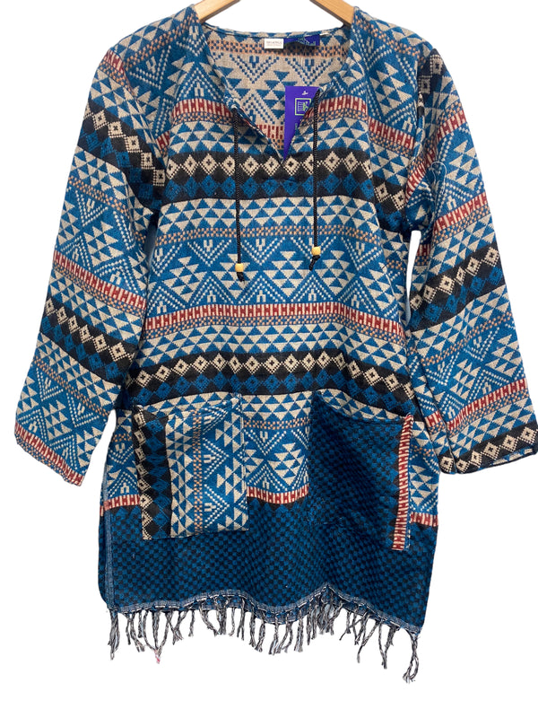 TUNIC Boho hippie JUMPER PULLOVER SWEATER  BLUE winter warm tassel top UK 8 - 14