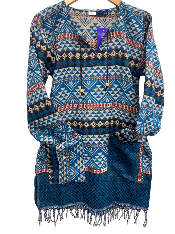 TUNIC Boho hippie JUMPER PULLOVER SWEATER  BLUE winter warm tassel top UK 8 - 14