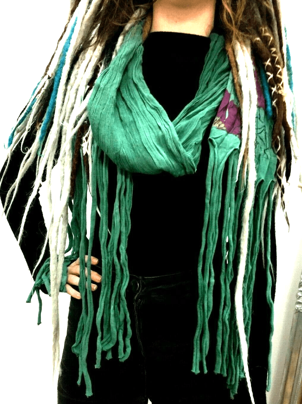 Festival Stall LTD Boho festival Clothing JADE Green wrap SCARF, funky tassel, Boho Hippy Dreadlock Festival style gift