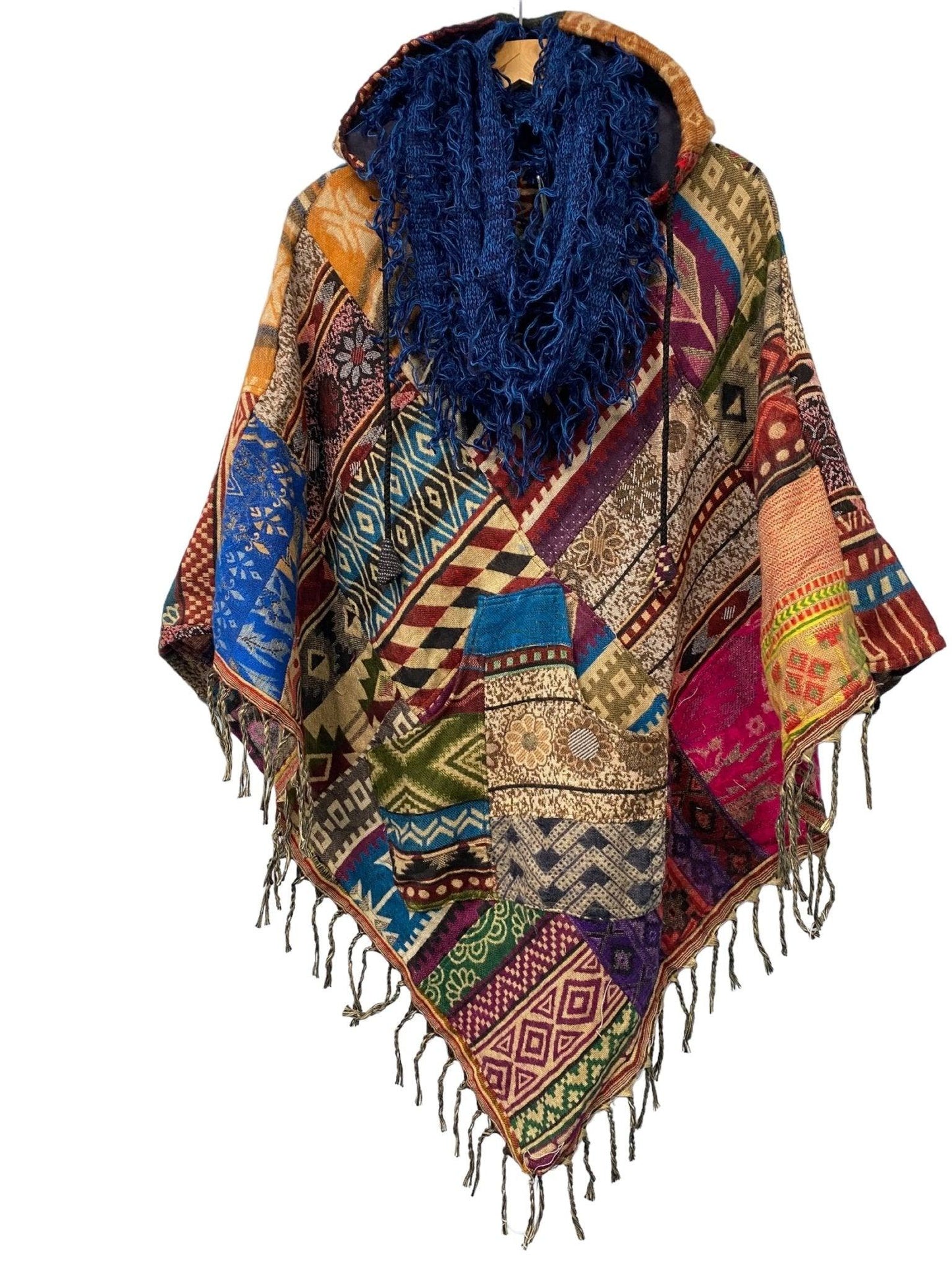 Scarf Wrap Blue Boho hippy goth funky shaggy tassel knit pashmina gift present