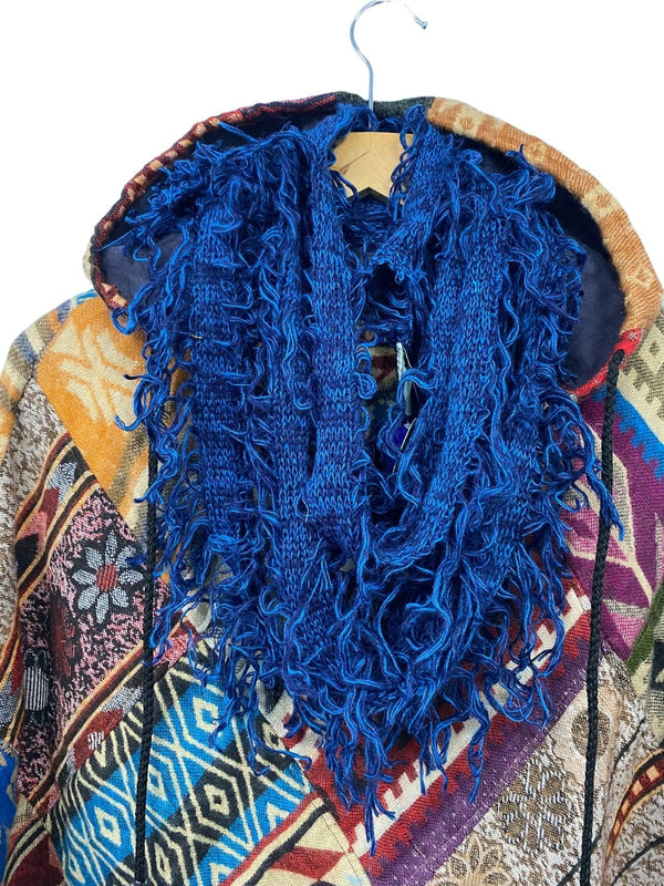 Scarf Wrap Blue Boho hippy goth funky shaggy tassel knit pashmina gift present