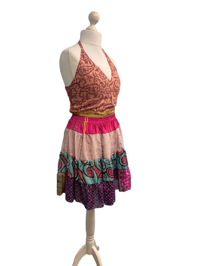 Crop Top & Mini Skirt Festival outfit Boho Hippy Sari Silk summer vest One Size