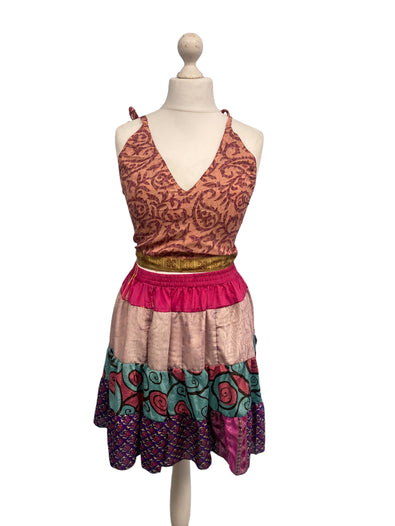 Crop Top & Mini Skirt Festival outfit Boho Hippy Sari Silk summer vest One Size