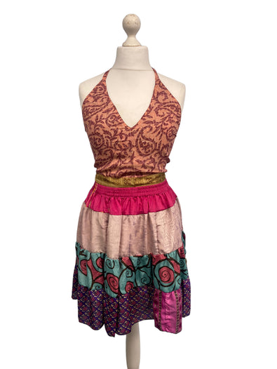 Crop Top & Mini Skirt Festival outfit Boho Hippy Sari Silk summer vest One Size