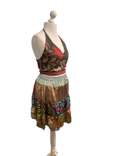 Crop Top & Mini Skirt Festival outfit Boho Hippy Sari Silk summer vest One Size