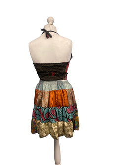 Crop Top & Mini Skirt Festival outfit Boho Hippy Sari Silk summer vest One Size