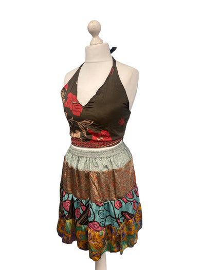 Crop Top & Mini Skirt Festival outfit Boho Hippy Sari Silk summer vest One Size