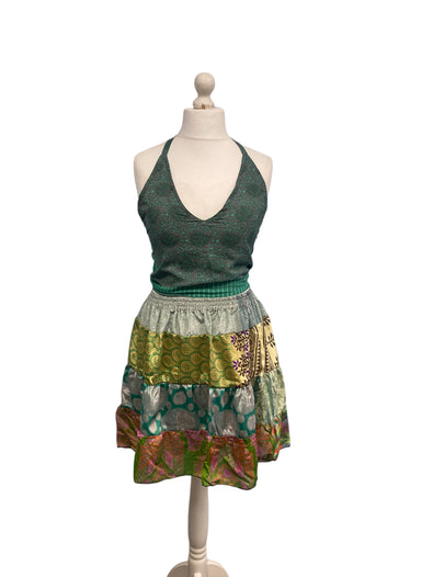 Crop Top & Mini Skirt Festival outfit Boho Hippy Sari Silk summer vest One Size