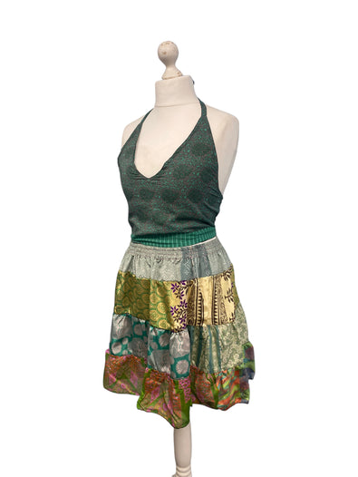 Crop Top & Mini Skirt Festival outfit Boho Hippy Sari Silk summer vest One Size