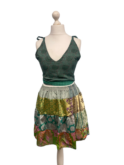 Crop Top & Mini Skirt Festival outfit Boho Hippy Sari Silk summer vest One Size