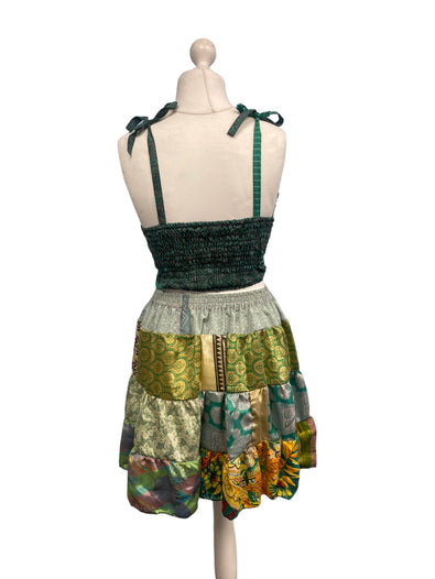 Crop Top & Mini Skirt Festival outfit Boho Hippy Sari Silk summer vest One Size