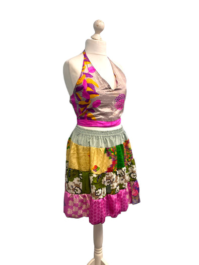 Crop Top & Mini Skirt Festival outfit Boho Hippy Sari Silk summer vest One Size